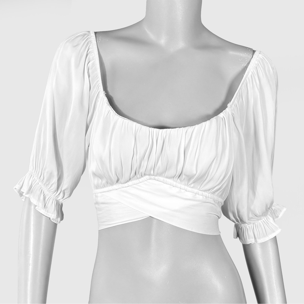 Timing White Milkmaid Puff Sleeve Tie Back Crop Top Womens L Renaissance Peasant